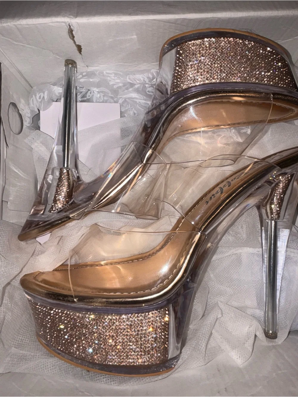 Clear Platform Glitter High Heels - Rose Gold